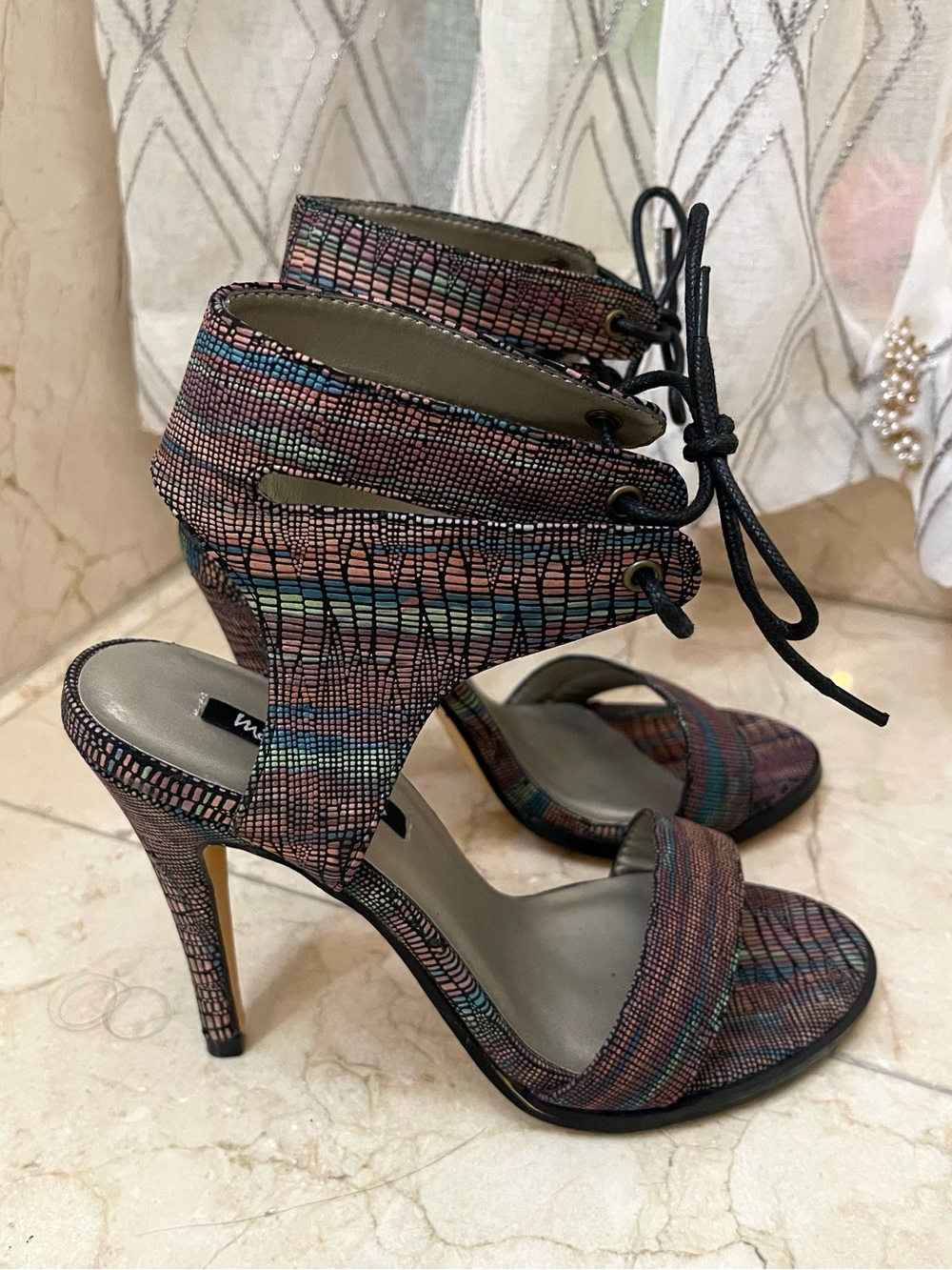Michael Antonio Multicolor Lace-Up Textured High Heel Sandal